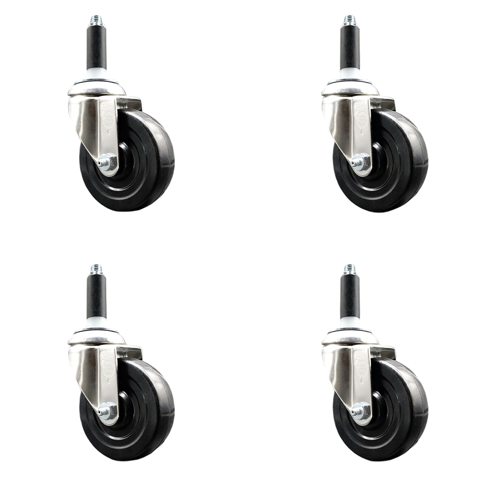 Soft Rubber Swivel Stem Caster with 4 in. Black Caster Wheels 0.87 in. Expanding Stems 316 Stainless Steel Casters - Set of 4