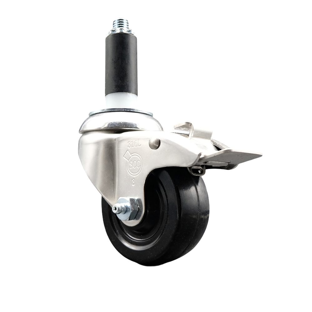 Soft Rubber Swivel Stem Caster with 3.5 in. Black Caster Wheel & Total Lock Brake 1 in. Expanding Stem 316 Stainless Steel Caster