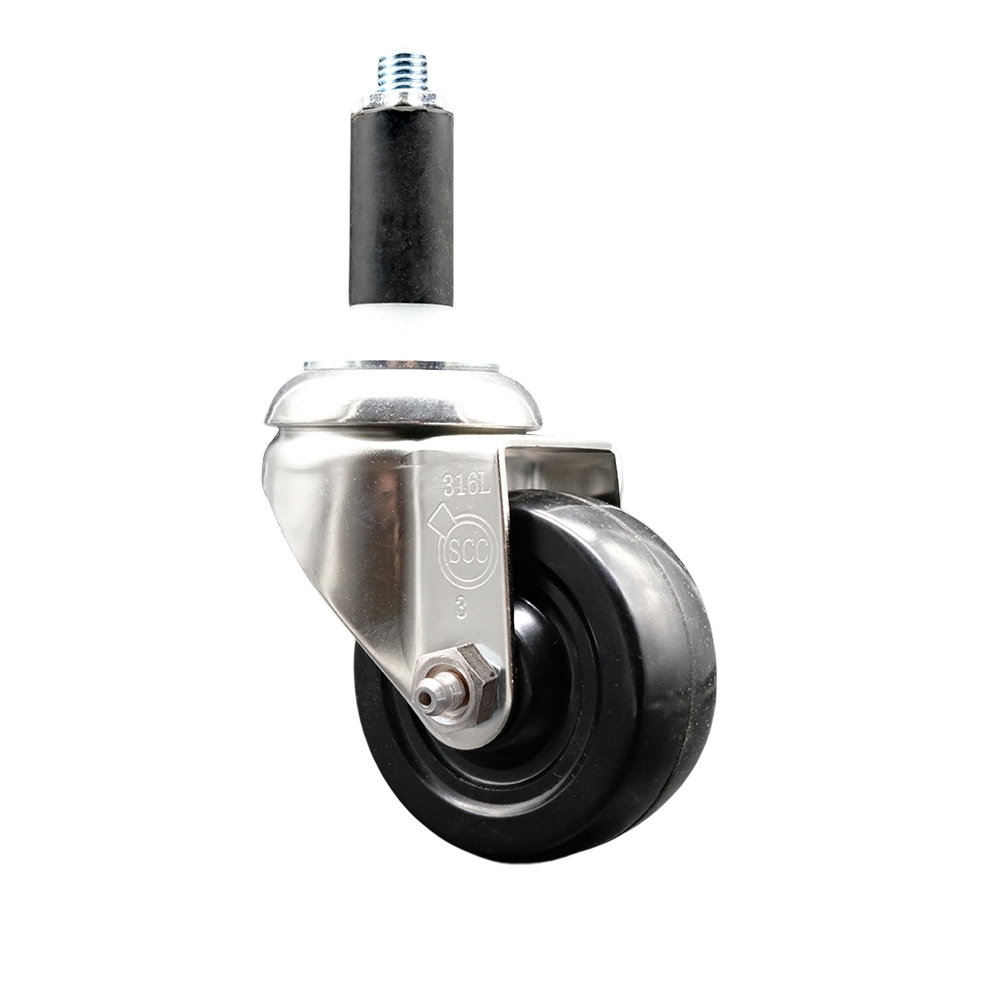 SCC-SS316EX20S314-SRS-118 Soft Rubber Swivel Stem Caster with 3 in. Black Caster Wheel 1.13 in. Expanding Stem 316 Stainless Steel Caster