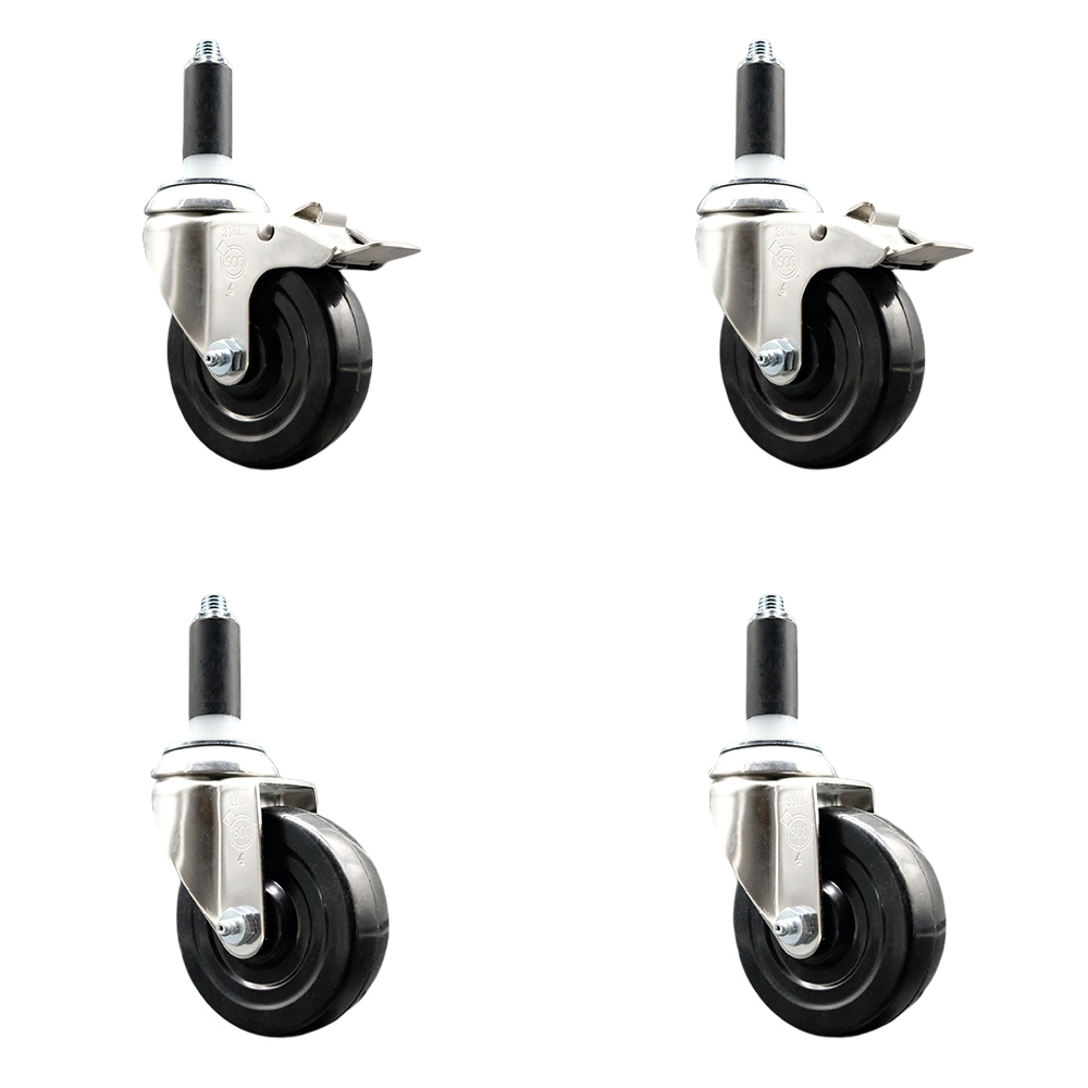 Soft Rubber Swivel Stem Caster with 4 in. Caster Wheels 1.13 in. Expanding Stem 316 Stainless Steel Casters - Set of 4