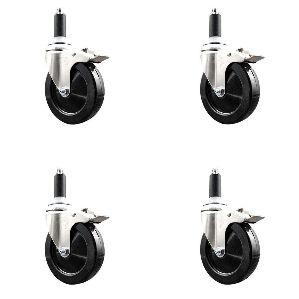 Soft Rubber Swivel Stem Caster with 5 in. Caster Wheels 1.13 in. Expanding Stems 316 Stainless Steel Casters - Set of 4
