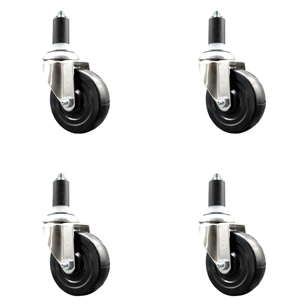 Soft Rubber Swivel Stem Caster with 4 in. Black Caster Wheels 1.25 in. Expanding Stems 316 Stainless Steel Casters - Set of 4