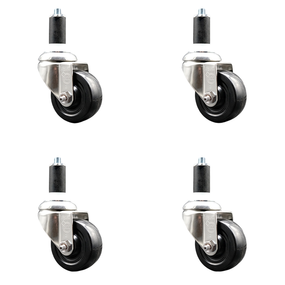 Soft Rubber Swivel Stem Caster with 3 in. Black Caster Wheels 1.38 in. Expanding Stems 316 Stainless Steel Casters - Set of 4