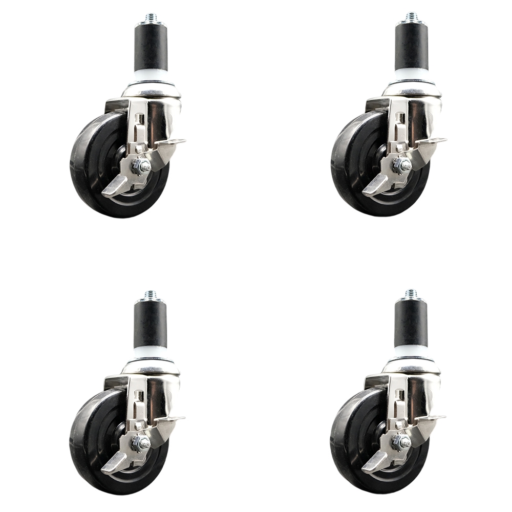 Soft Rubber Swivel Stem Caster with 4 in. Caster Wheels 1.5 in. Expanding Stems 316 Stainless Steel Casters - Set of 4