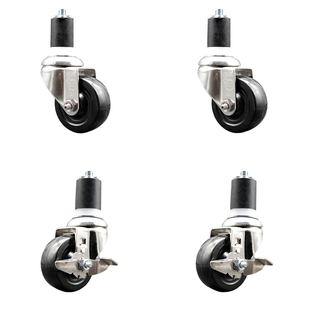 Soft Rubber Swivel Stem Caster with 3 in. Caster Wheels 1.75 in. Expanding Stems 316 Stainless Steel Casters - Set of 4
