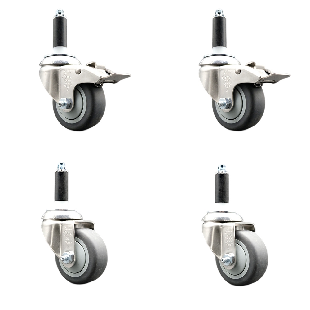 Thermoplastic Rubber Swivel Stem Caster with 3 in. Caster Wheels, 0.87 in. Expanding Stem - 316 Stainless Steel Casters - Set of 4