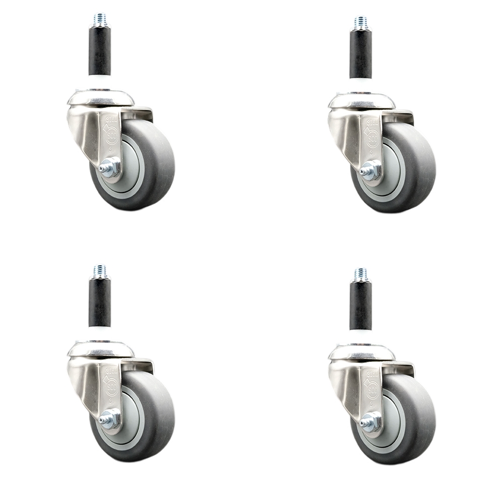 Thermoplastic Rubber Swivel Stem Caster with 3.5 in. Gray Caster Wheels, 0.87 in. Expanding Stems - 316 Stainless Steel Casters - Set of 4