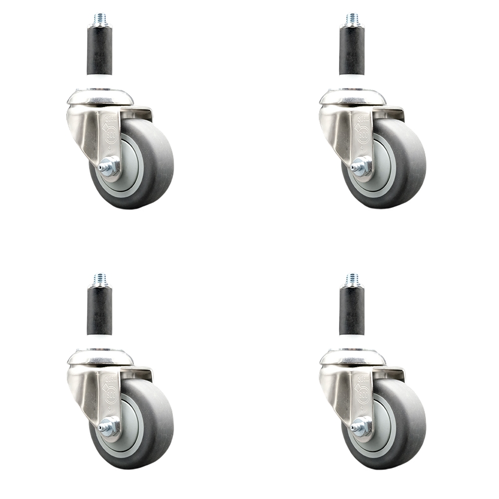 Thermoplastic Rubber Swivel Stem Caster with 3 in. Gray Caster Wheels, 1 in. Expanding Stems - 316 Stainless Steel Casters - Set of 4