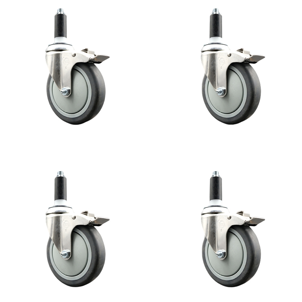 Thermoplastic Rubber Swivel Stem Caster with 5 in. Caster Wheels, 1 in. Expanding Stems - 316 Stainless Steel Casters - Set of 4