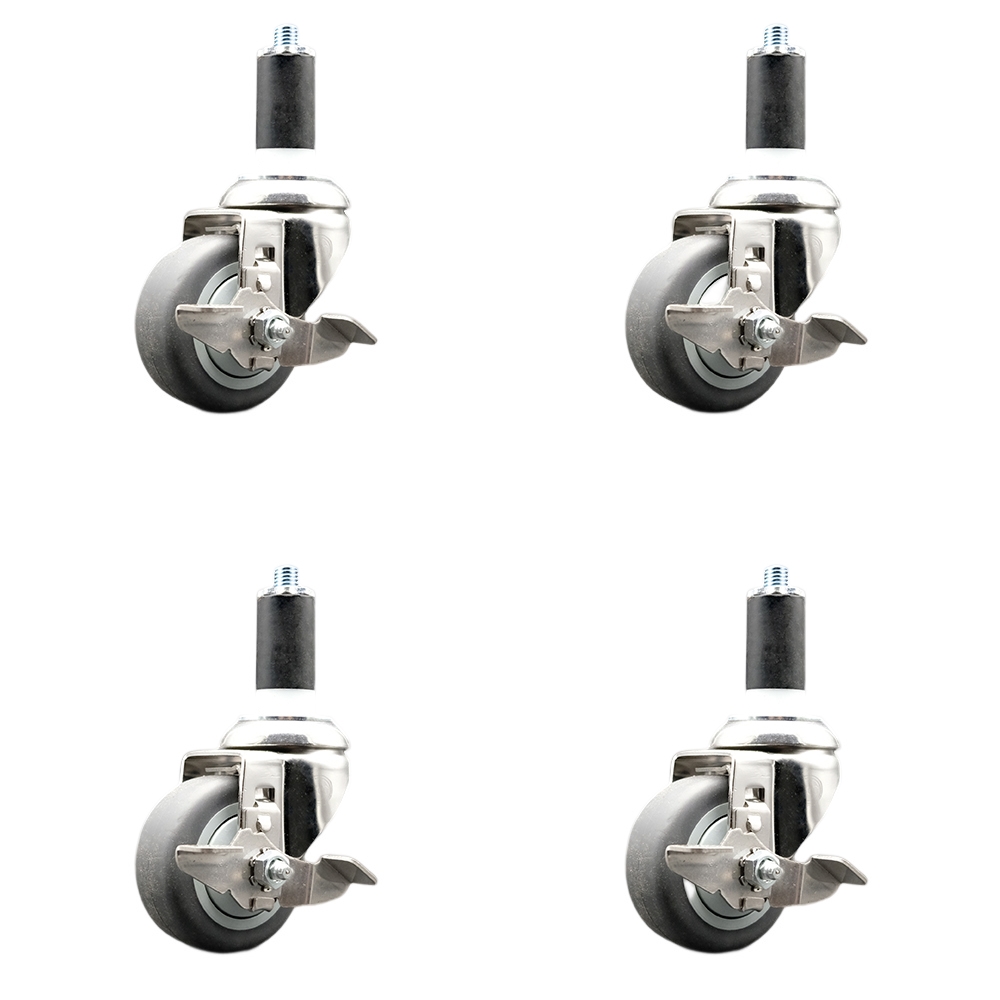Thermoplastic Rubber Swivel Stem Caster with 3 in. Caster Wheels, 1.25 in. Expanding Stems - 316 Stainless Steel Casters - Set of 4