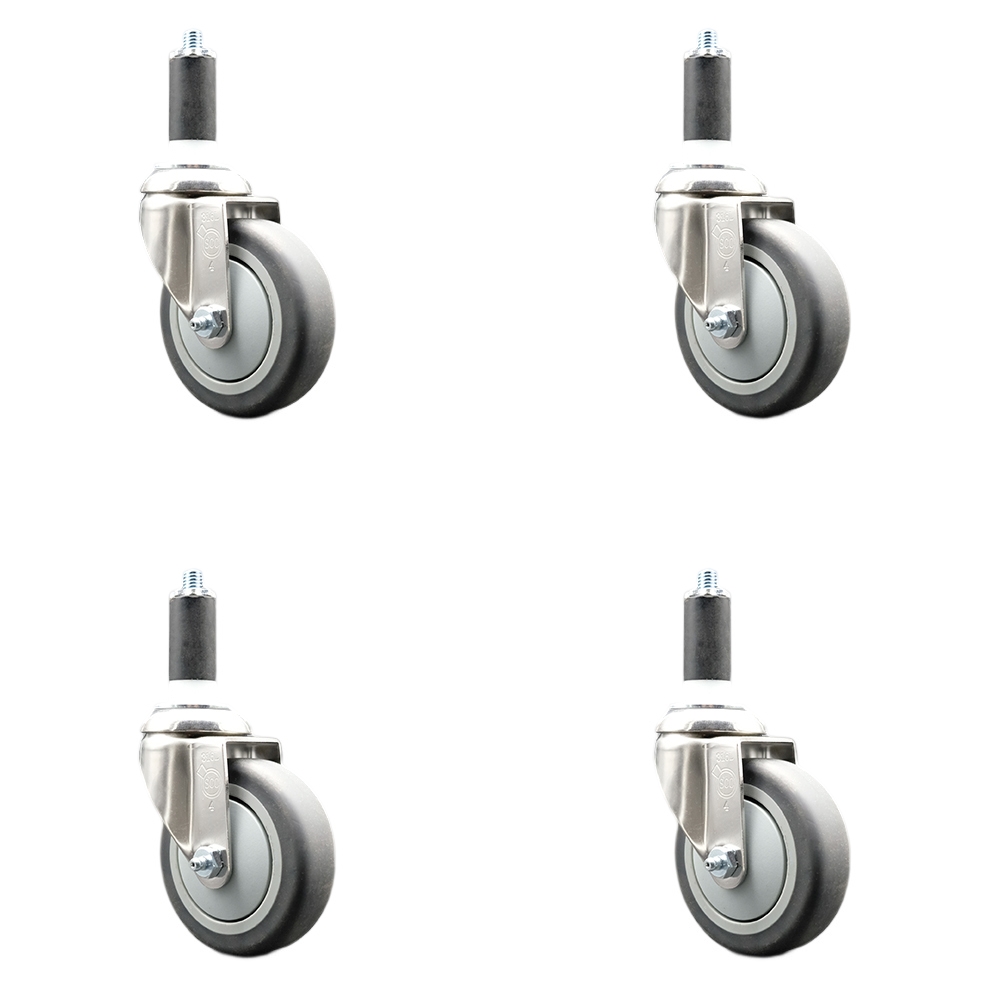 Thermoplastic Rubber Swivel Stem Caster with 4 in. Gray Caster Wheels, 1.25 in. Expanding Stems - 316 Stainless Steel Casters - Set of 4