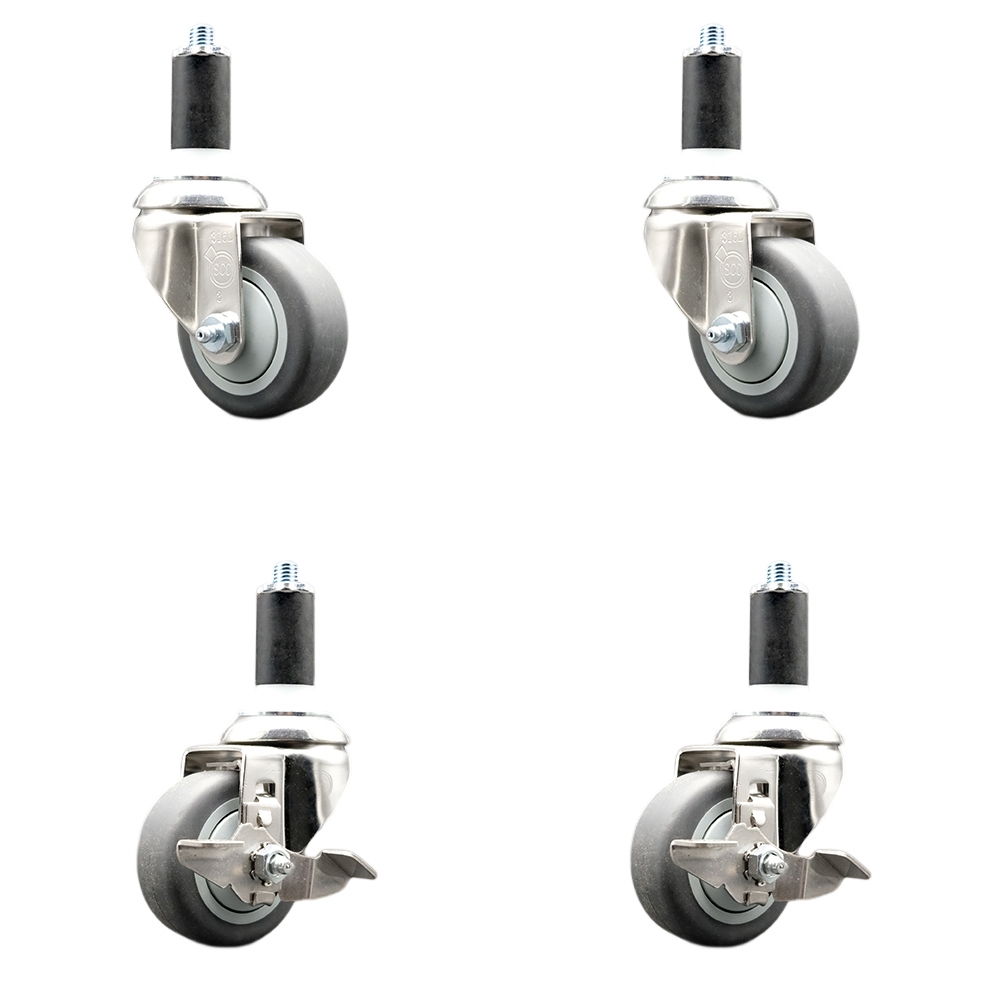 Thermoplastic Rubber Swivel Stem Caster with 3 in. Caster Wheels, 1.38 in. Expanding Stems - 316 Stainless Steel Casters - Set of 4