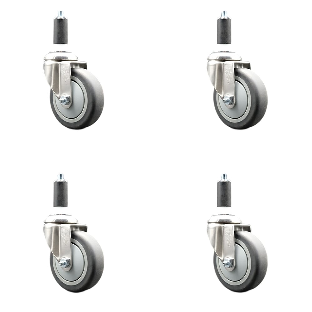 Thermoplastic Rubber Swivel Stem Caster with 4 in. Gray Caster Wheels, 1.38 in. Expanding Stems - 316 Stainless Steel Casters - Set of 4