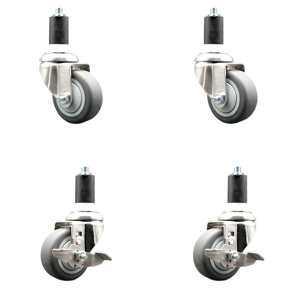 Thermoplastic Rubber Swivel Stem Caster with 3 in. Caster Wheels, 1.5 in. Expanding Stems - 316 Stainless Steel Casters - Set of 4