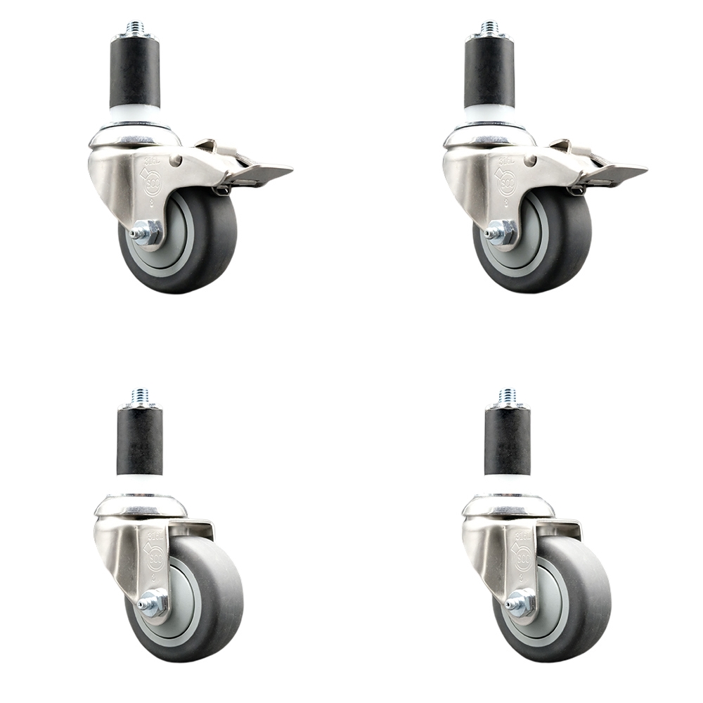 Thermoplastic Rubber Swivel Stem Caster with 3 in. Caster Wheels, 1.5 in. Expanding Stem - 316 Stainless Steel Casters - Set of 4