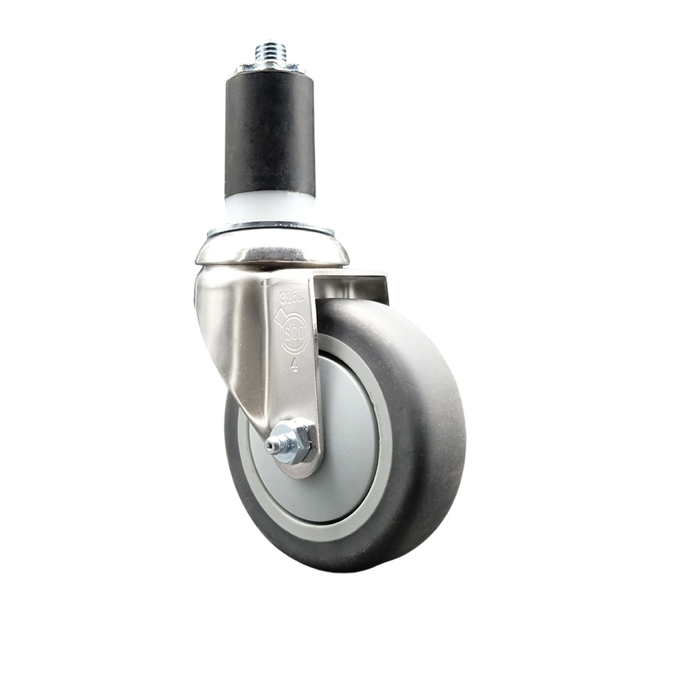 Thermoplastic Rubber Swivel Stem Caster with 4 in. Gray Caster Wheels, 1.5 in. Expanding Stem - 316 Stainless Steel Caster