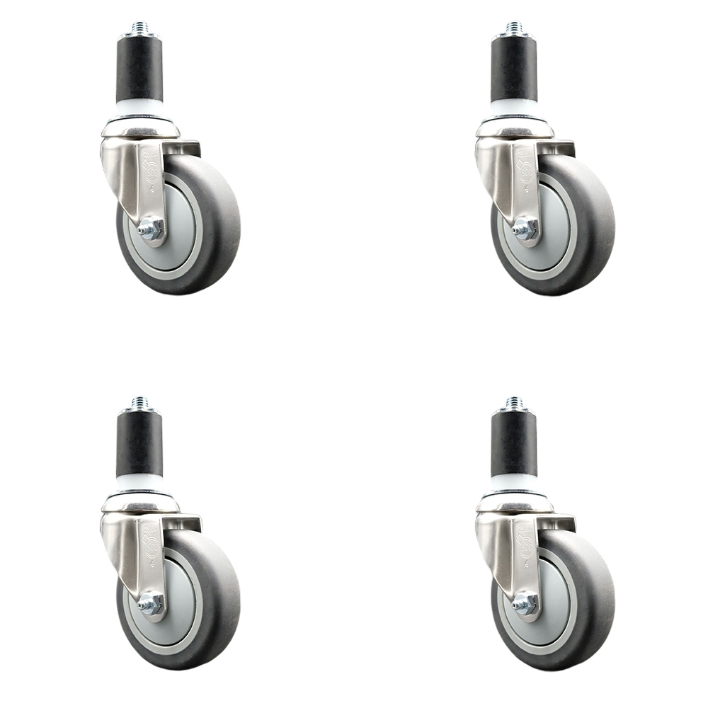 Thermoplastic Rubber Swivel Stem Caster with 4 in. Gray Caster Wheels, 1.5 in. Expanding Stems - 316 Stainless Steel Casters - Set of 4