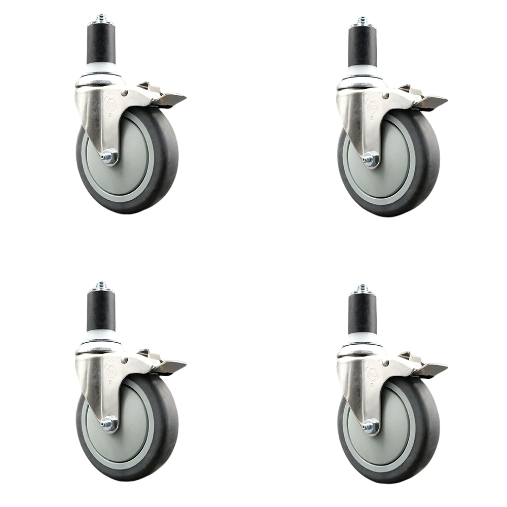 Thermoplastic Rubber Swivel Stem Caster with 5 in. Caster Wheels, 1.5 in. Expanding Stems - 316 Stainless Steel Casters - Set of 4