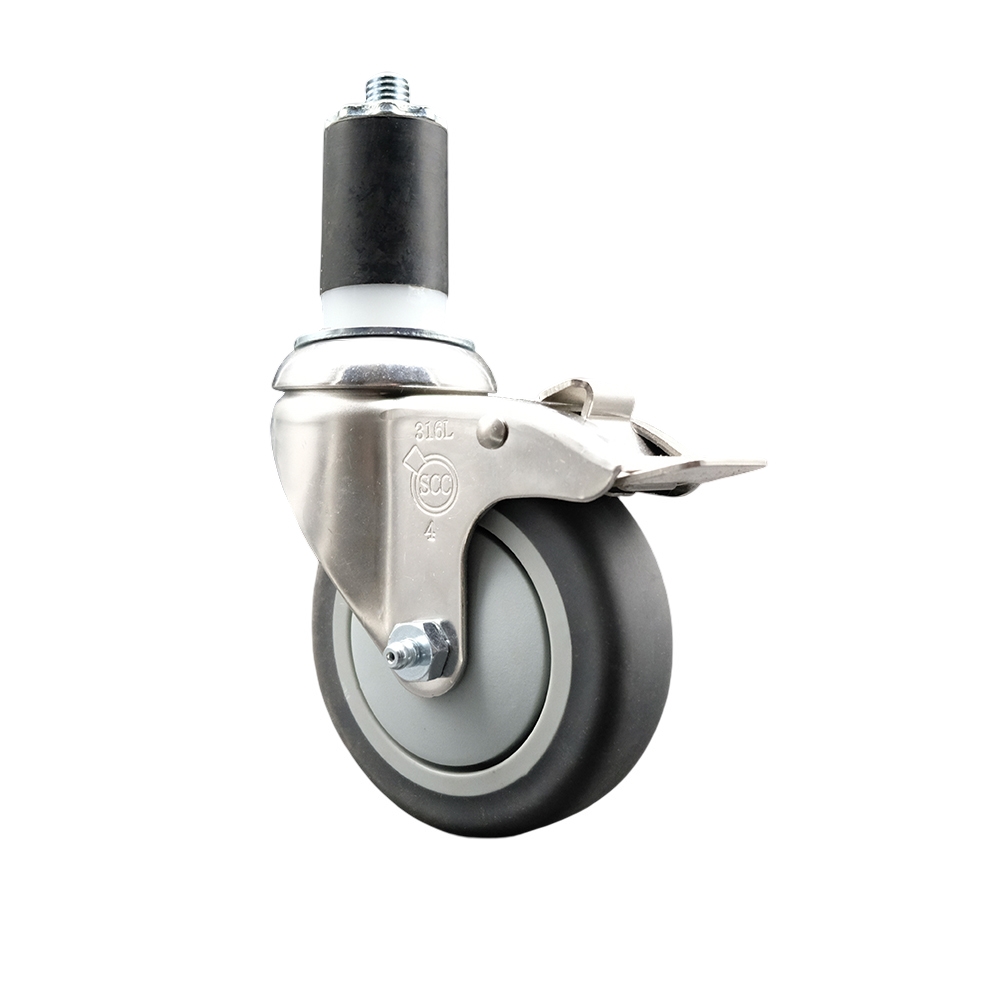 Thermoplastic Rubber Swivel Stem Caster with 4 in. Gray Caster Wheel & Total Lock Brake, 1.63 in. Expanding Stem - 316 Stainless Steel Caster