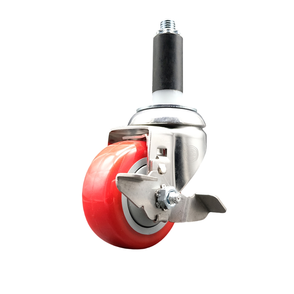 Polyurethane Swivel Stem Caster with 3 in. Red Caster Wheels & Top Lock Brake, 1 in. Expanding Stem - 316 Stainless Steel Caster