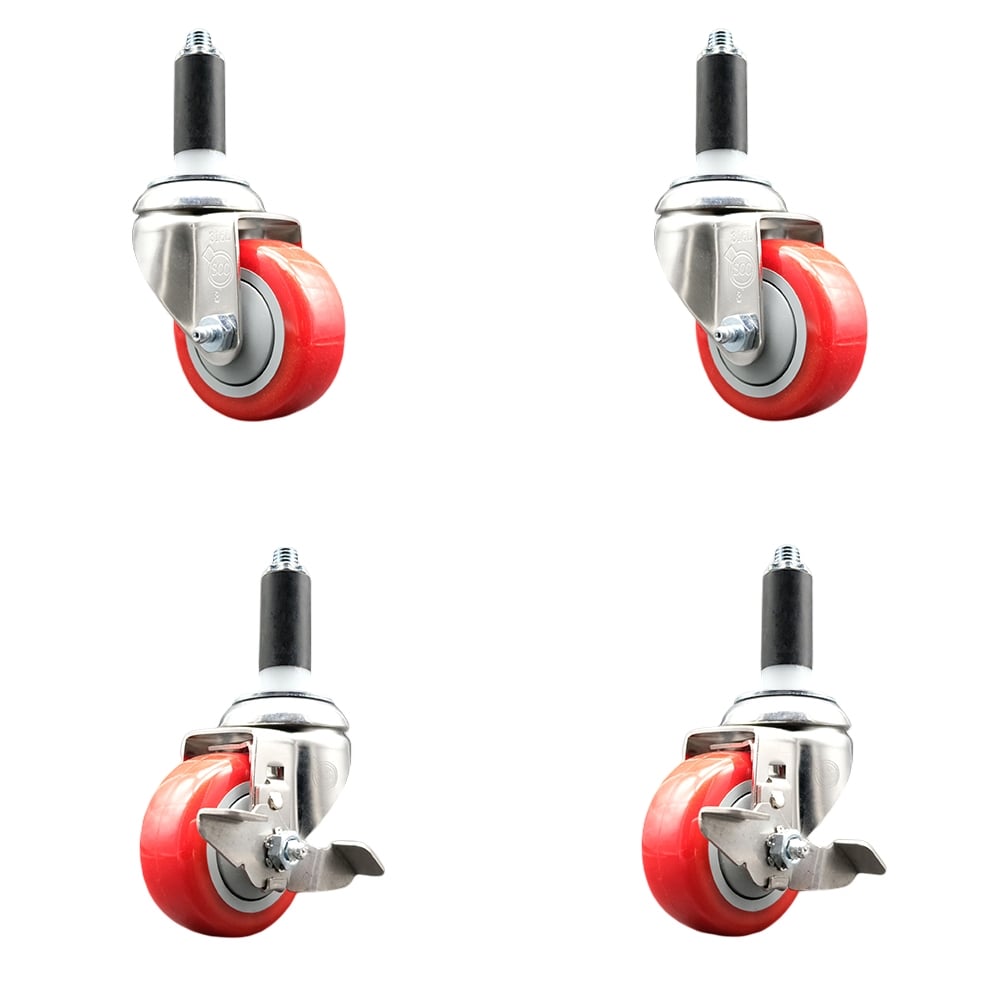 Polyurethane Swivel Stem Caster with 3.5 in. Red Caster Wheels, 1 in. Expanding Stems - 316 Stainless Steel Casters - Set of 4
