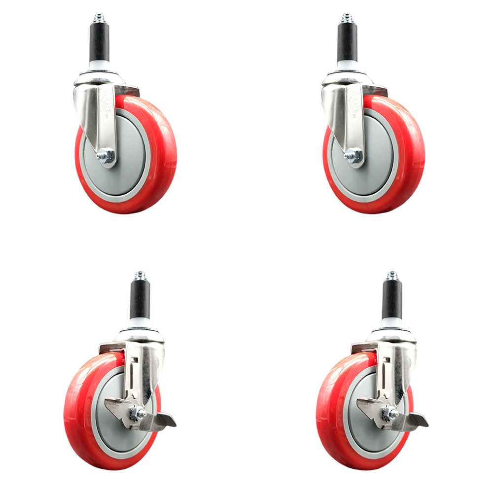 Polyurethane Swivel Stem Caster with 5 in. Red Caster Wheels, 1 in. Expanding Stems - 316 Stainless Steel Casters - Set of 4