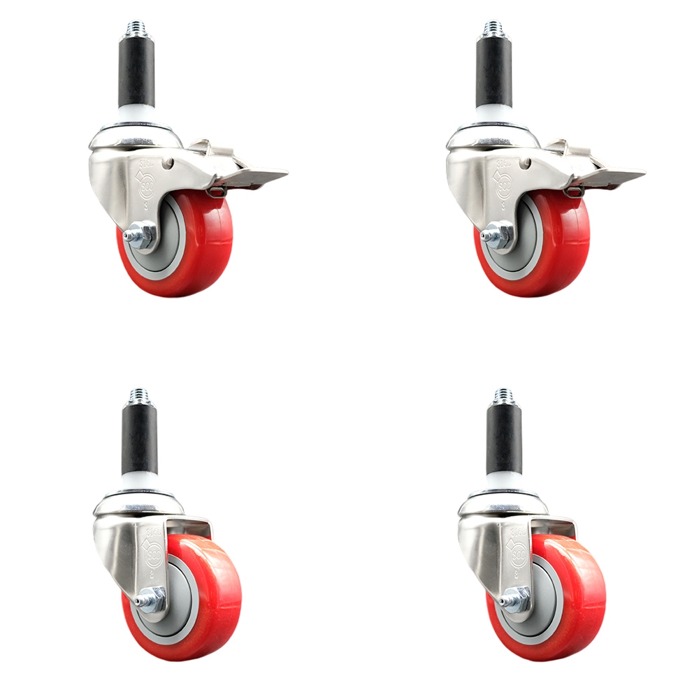 Polyurethane Swivel Stem Caster with 3 in. Red Caster Wheels, 1.13 in. Expanding Stem - 316 Stainless Steel Casters - Set of 4
