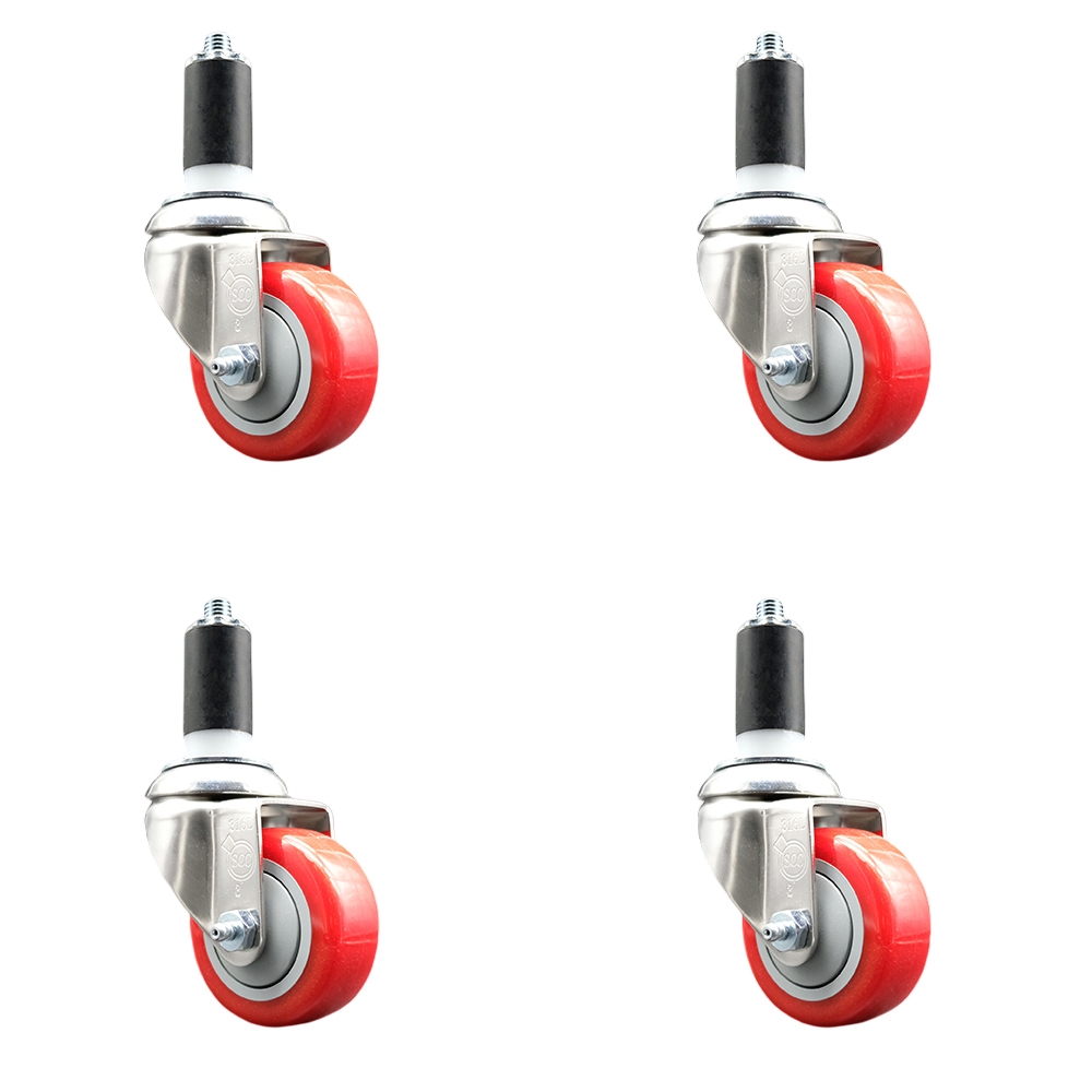 Polyurethane Swivel Stem Caster with 3.5 in. Red Caster Wheels, 1.25 in. Expanding Stems - 316 Stainless Steel Casters - Set of 4