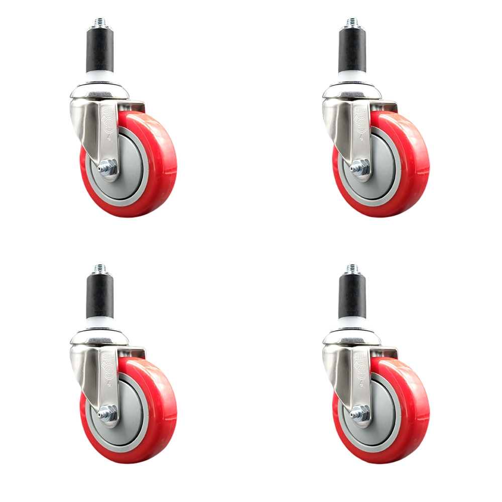 Polyurethane Swivel Stem Caster with 4 in. Red Caster Wheels, 1.38 in. Expanding Stems - 316 Stainless Steel Casters - Set of 4