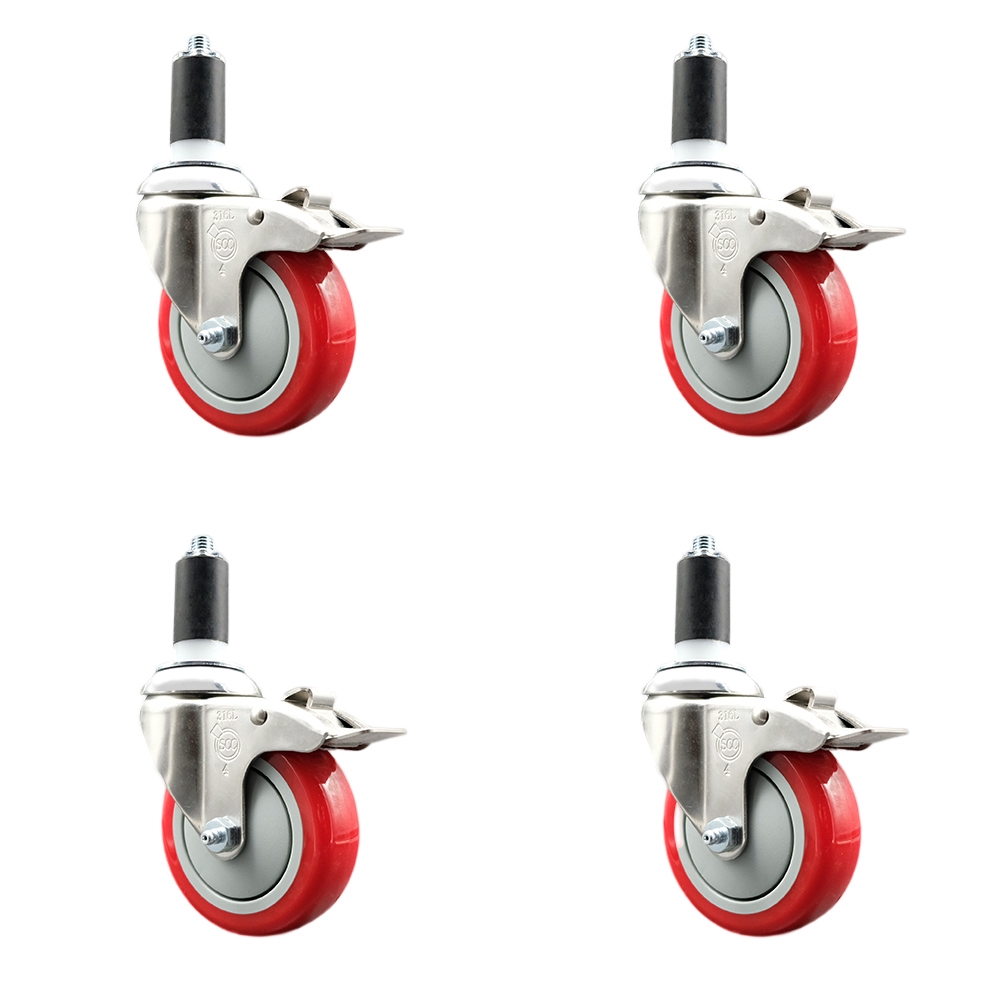 Polyurethane Swivel Stem Caster with 4 in. Red Caster Wheels, 1.38 in. Expanding Stems - 316 Stainless Steel Casters - Set of 4