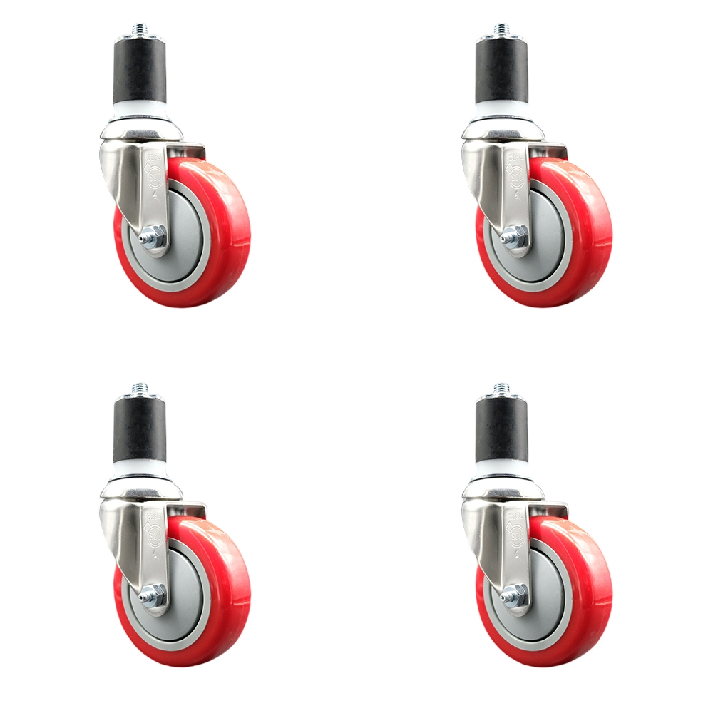 Polyurethane Swivel Stem Caster with 4 in. Red Caster Wheels, 1.75 in. Expanding Stems - 316 Stainless Steel Casters - Set of 4