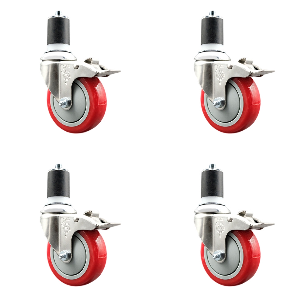 Polyurethane Swivel Stem Caster with 4 in. Red Caster Wheels, 1.75 in. Expanding Stems - 316 Stainless Steel Casters - Set of 4