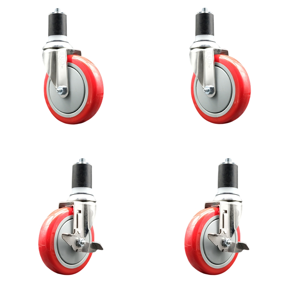 Polyurethane Swivel Stem Caster with 5 in. Red Caster Wheels, 1.75 in. Expanding Stems - 316 Stainless Steel Casters - Set of 4