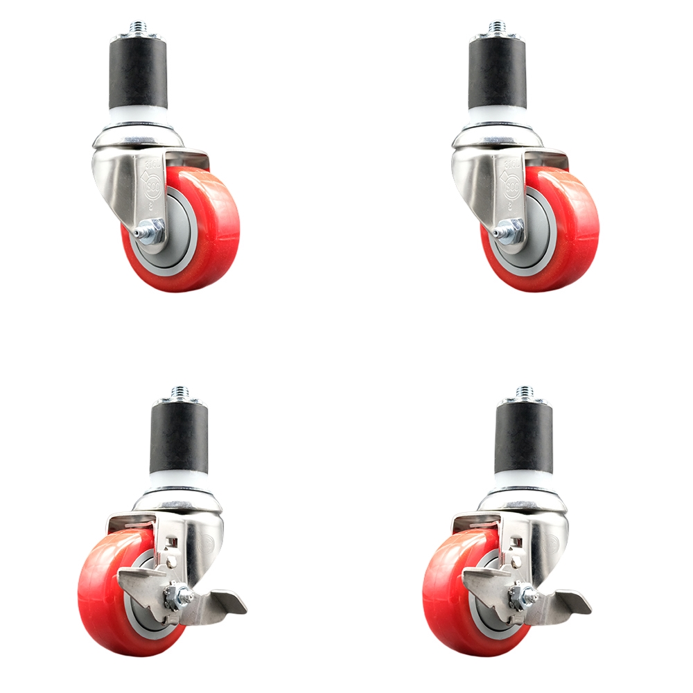 Polyurethane Swivel Stem Caster with 3 in. Red Caster Wheels, 1.87 in. Expanding Stems - 316 Stainless Steel Casters - Set of 4