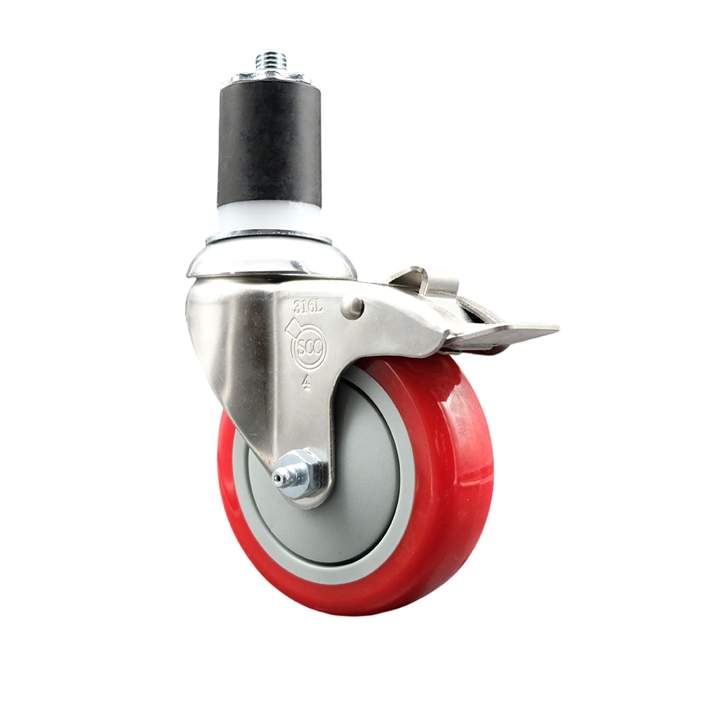 Polyurethane Swivel Stem Caster with 4 in. Red Caster Wheels & Total Lock Brake, 1.87 in. Expanding Stem - 316 Stainless Steel Caster
