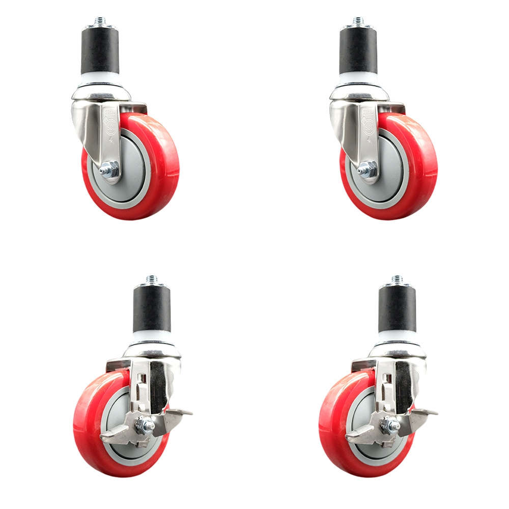 Polyurethane Swivel Stem Caster with 4 in. Red Caster Wheels, 1.87 in. Expanding Stems - 316 Stainless Steel Casters - Set of 4