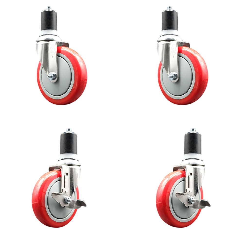 Polyurethane Swivel Stem Caster with 5 in. Red Caster Wheels, 1.87 in. Expanding Stems - 316 Stainless Steel Casters - Set of 4