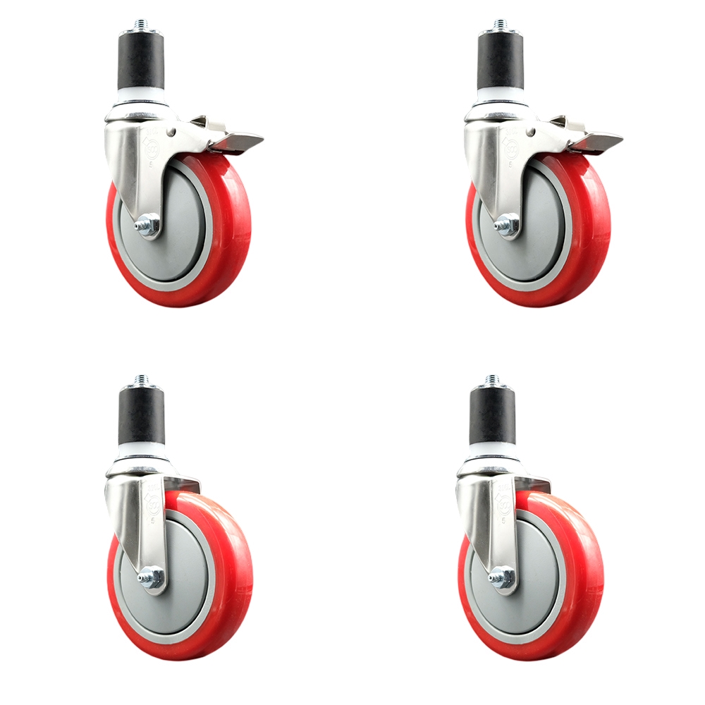 Polyurethane Swivel Stem Caster with 5 in. Red Caster Wheels, 1.87 in. Expanding Stem - 316 Stainless Steel Casters - Set of 4