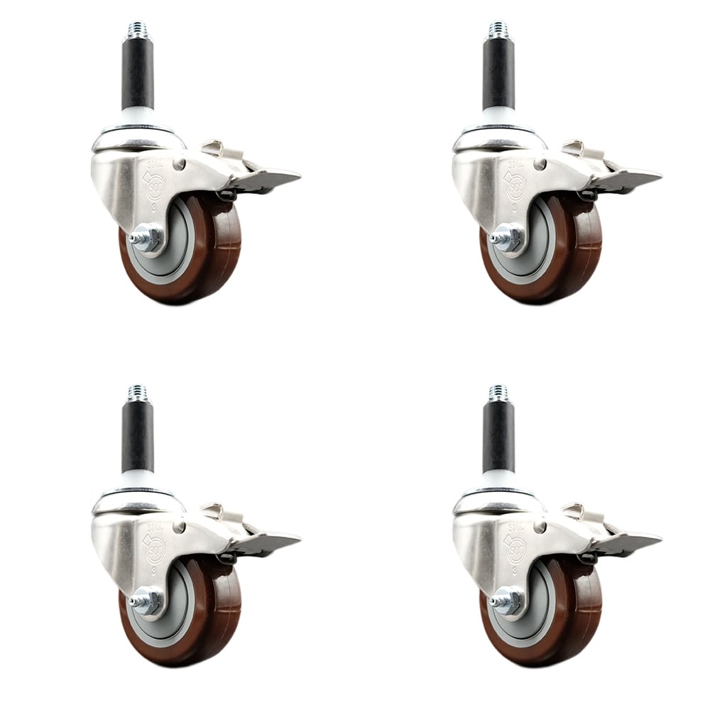 Polyurethane Swivel Stem Caster with 3 in. Maroon Caster Wheels, 0.75 in. Expanding Stems - 316 Stainless Steel Casters - Set of 4