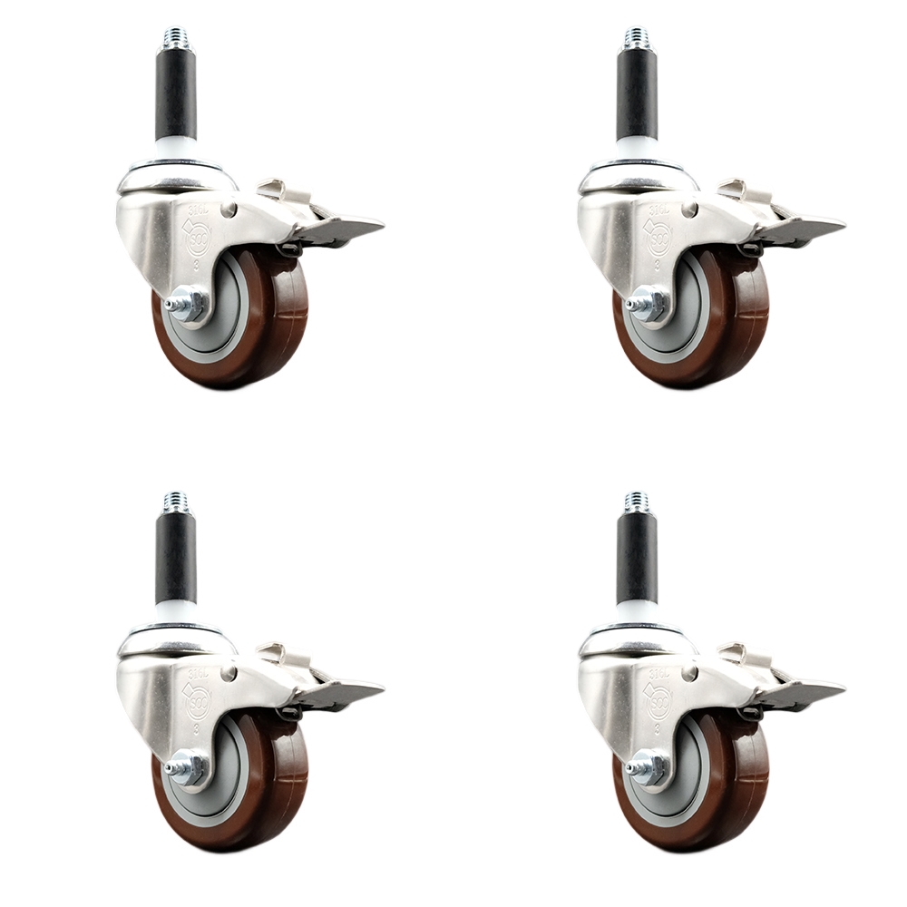Polyurethane Swivel Stem Caster with 3.5 in. Maroon Caster Wheels, 0.75 in. Expanding Stems - 316 Stainless Steel Casters - Set of 4