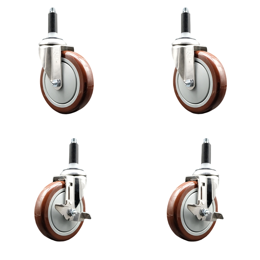 Polyurethane Swivel Stem Caster with 5 in. Maroon Caster Wheels, 0.75 in. Expanding Stems - 316 Stainless Steel Casters - Set of 4