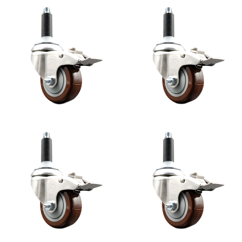 Polyurethane Swivel Stem Caster with 3 in. Maroon Caster Wheels, 0.87 in. Expanding Stems - 316 Stainless Steel Casters - Set of 4