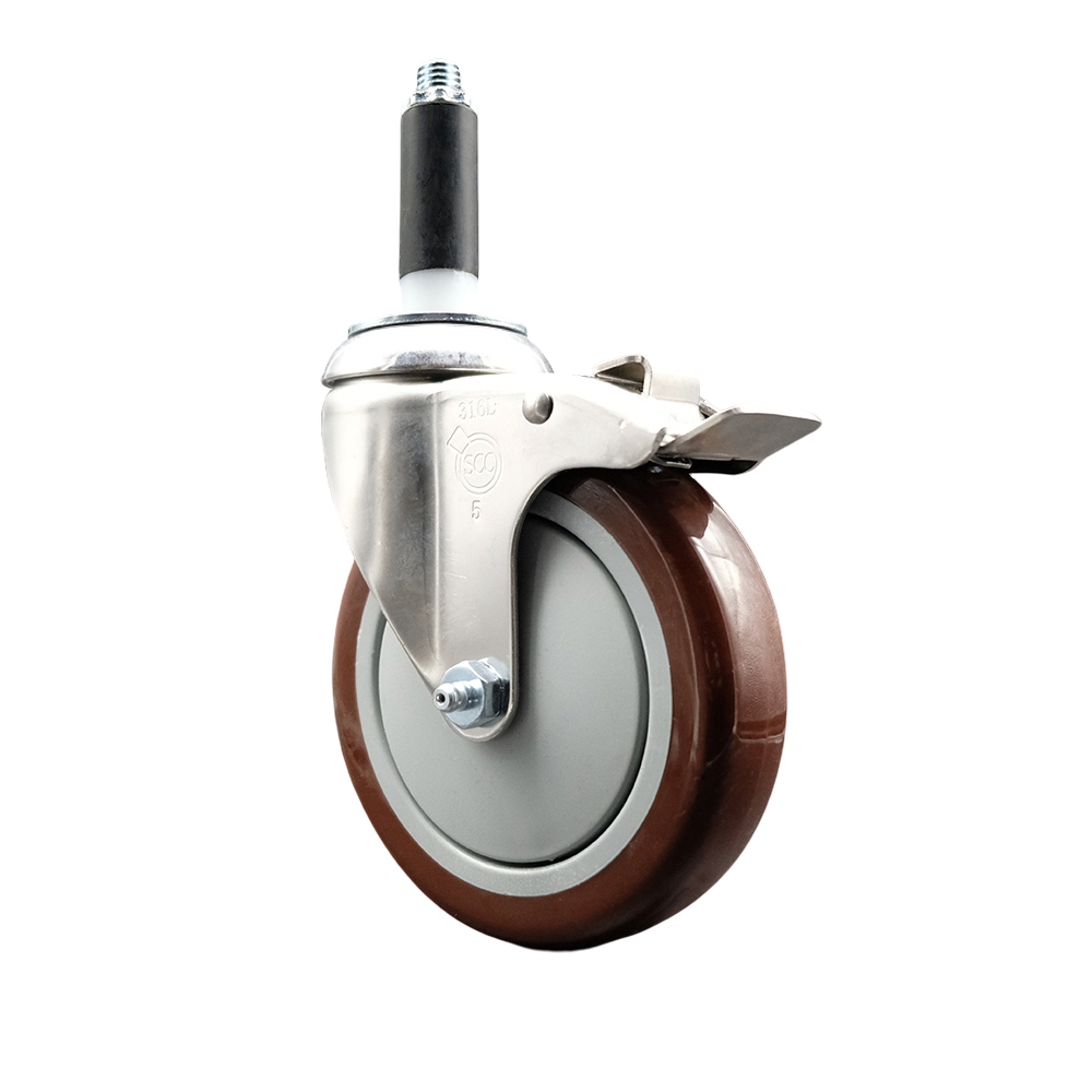 Polyurethane Swivel Stem Caster with 5 in. Maroon Caster Wheels & Total Lock Brake, 0.87 in. Expanding Stem - 316 Stainless Steel Caster