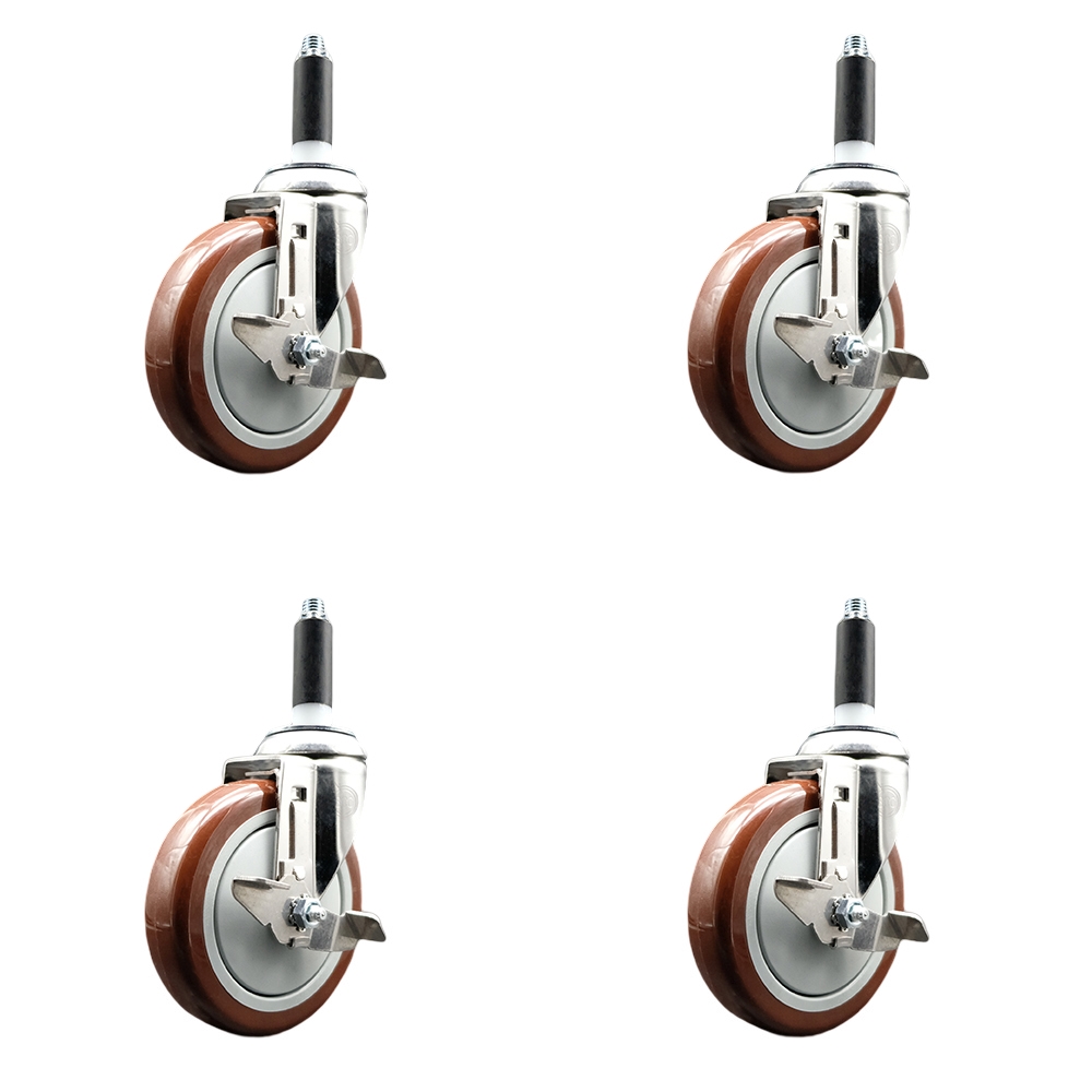 Polyurethane Swivel Stem Caster with 5 in. Maroon Caster Wheels, 0.87 in. Expanding Stems - 316 Stainless Steel Casters - Set of 4