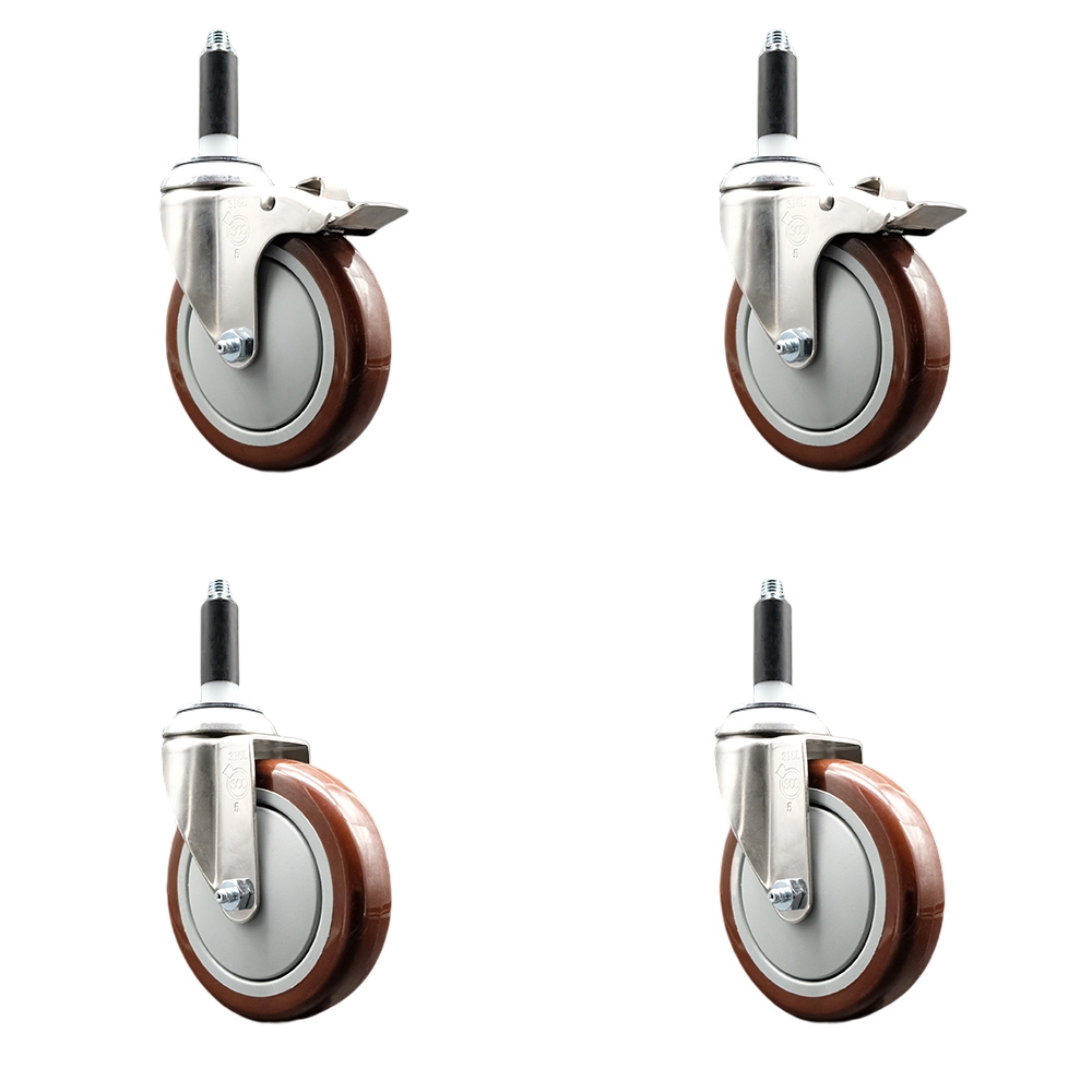 Polyurethane Swivel Stem Caster with 5 in. Maroon Caster Wheels, 0.87 in. Expanding Stem - 316 Stainless Steel Casters - Set of 4