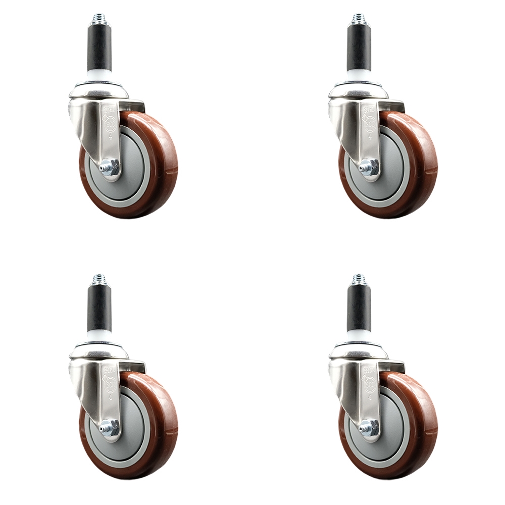 Polyurethane Swivel Stem Caster with 4 in. Maroon Caster Wheels, 1 in. Expanding Stems - 316 Stainless Steel Casters - Set of 4