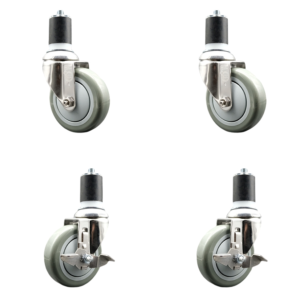 Polyurethane Swivel Stem Caster with 4 in. Gray Caster Wheels, 1.75 in. Expanding Stems - 316 Stainless Steel Casters - Set of 4