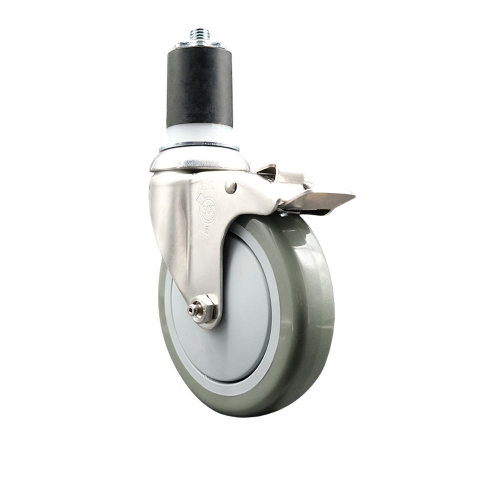 Polyurethane Swivel Stem Caster with 5 in. Gray Caster Wheels & Total Lock Brake, 1.75 in. Expanding Stem - 316 Stainless Steel Caster
