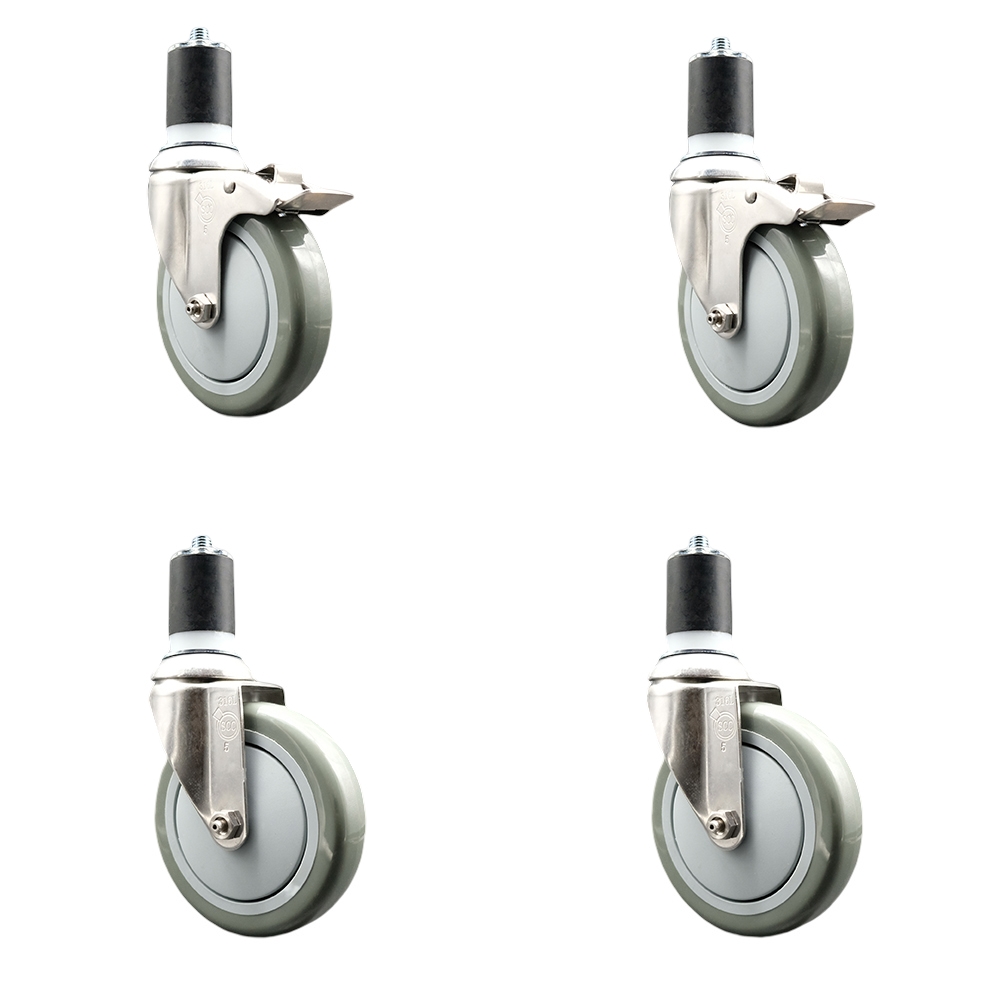 Polyurethane Swivel Stem Caster with 5 in. Gray Caster Wheels, 1.87 in. Expanding Stem - 316 Stainless Steel Casters - Set of 4
