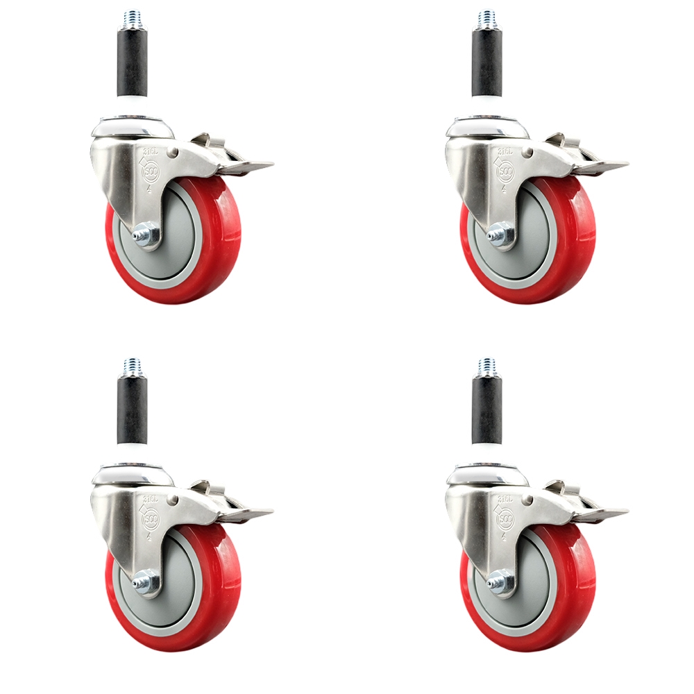 Polyurethane Swivel Stem Caster with 4 in. Red Caster Wheels, 0.75 in. Expanding Stems - 316 Stainless Steel Casters - Set of 4